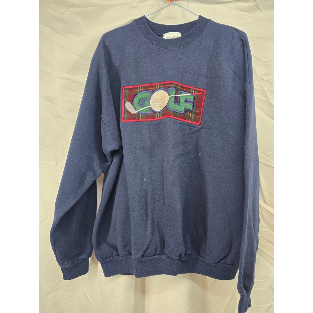MC Sport Mens Navy Blue GOLF Embroidered‎ Plaid Crewneck Sweatshirt XLarge